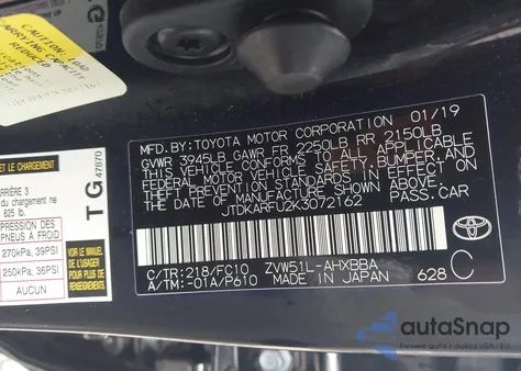 2019 Toyota Prius L Eco from USA, damaged, VIN JTDKARFU2K3072162